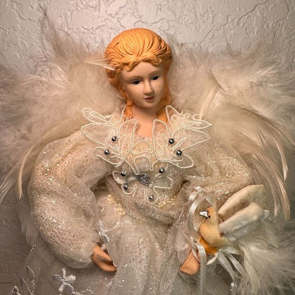 Angel Tree Topper Christmas White‎ with Beads Tulle Feathers 12 In - Picture 4 of 11